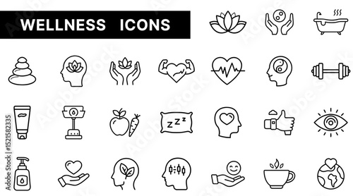 Wellness and Health Outline Icons Set Featuring Meditation, Fitness, Mental Health, and Self-Care Symbols