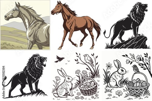 Various Animal Portraits: This set showcases different animal illustrations, each one capturing unique features and details. The images showcase various creatures in diverse poses.
