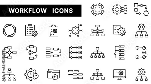 Workflow Outline Icons Set Featuring Process Mapping, Task Flow, Automation, and Organizational Charts