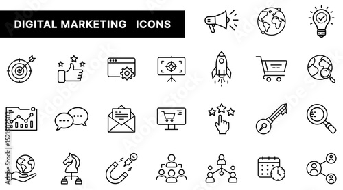 Digital Marketing Strategy Outline Icons Set Featuring SEO, Social Media, Targeting, Email, and Analytics