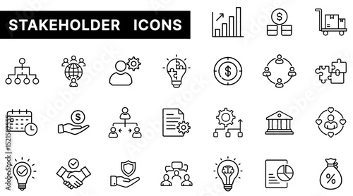 Stakeholder Outline Icons Set Featuring Collaboration, Investment, Business Strategy, and Organizational Roles