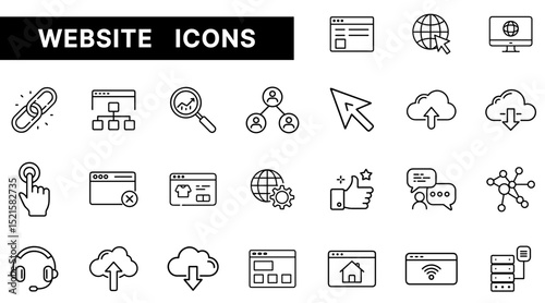 Website and Internet Outline Icons Set Featuring Links, Browsers, Cloud, and Communication Elements