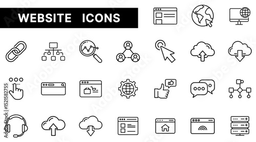 Website and Internet Outline Icons Set Featuring Links, Browsers, Cloud, and Communication Elements