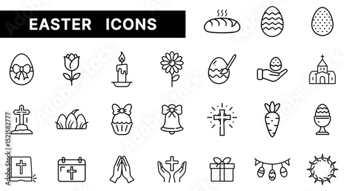 Easter Celebration Outline Icons Set Featuring Eggs, Cross, Church, Flowers, and Holiday Symbols