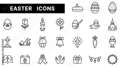 Easter Celebration Outline Icons Set Featuring Eggs, Cross, Church, Flowers, and Holiday Symbols