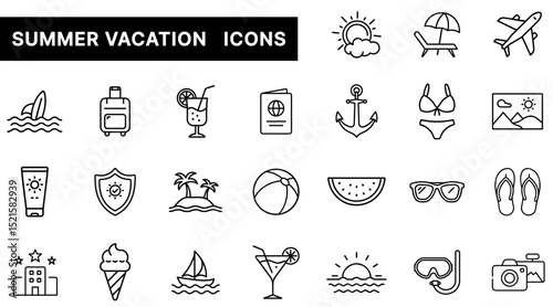 Summer Vacation Outline Icons Set Featuring Travel, Beach, and Holiday Elements