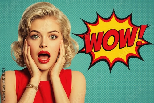 Surprised woman in red dress with wow comic speech bubble