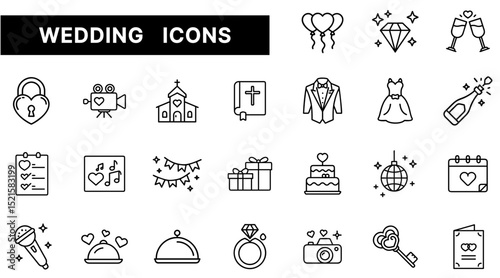 Wedding Icon Set Featuring Rings, Church, Dresses, Decorations, and Celebration Essentials in Outline Style