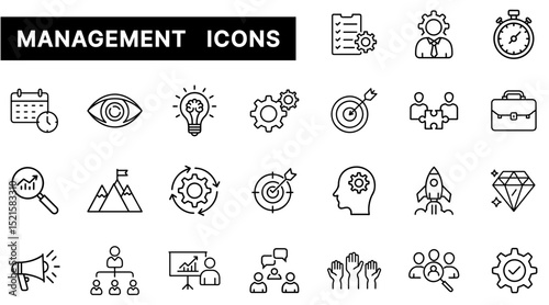 Management Icon Set Featuring Planning, Strategy, Teamwork, Goal Setting, and Productivity Elements in Outline Style