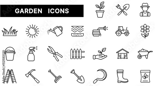 Garden Icon Set Featuring Plants, Tools, Equipment, and Outdoor Maintenance Elements in Outline Style