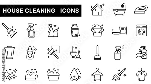 House Cleaning Icon Set Featuring Cleaning Tools, Supplies, Appliances, and Hygiene Symbols in Outline Style