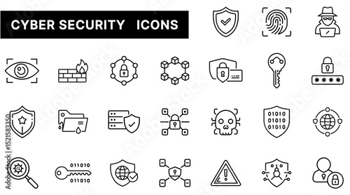 Cybersecurity Icon Set Featuring Data Protection, Threat Prevention, Network Security, and Digital Safety Elements in Outline Style