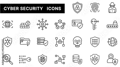 Cybersecurity Icon Set Featuring Data Protection, Threat Prevention, Network Security, and Digital Safety Elements in Outline Style
