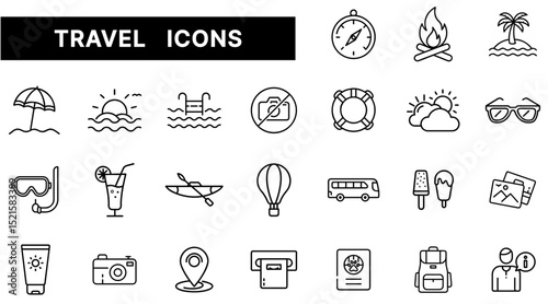 Travel and Vacation Icon Set Featuring Beach, Adventure, Transportation, and Summer Essentials in Outline Style