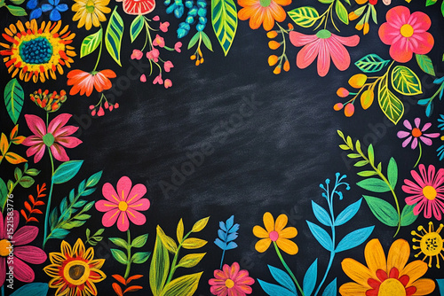 Flower shop advertisement, designed on chalkboard with bright floral patterns