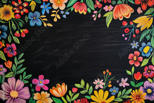Flower shop advertisement, designed on chalkboard with bright floral patterns