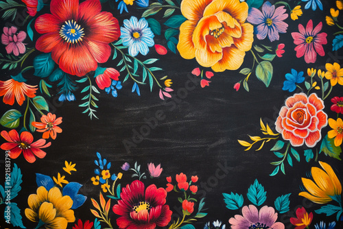 Flower shop advertisement, designed on chalkboard with bright floral patterns