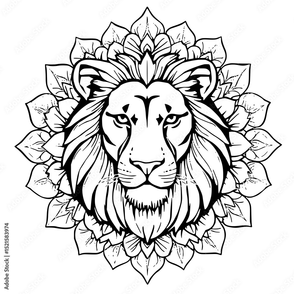 Obraz premium Majestic Lion Mandala: A striking line art illustration showcases a lion's head encircled by an intricate floral mandala, creating a powerful and serene visual.
