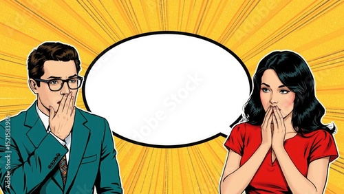 Surprised couple with speech bubble pop art illustration
