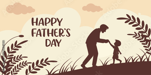 A heartwarming Father's Day design featuring a father and son silhouette walking amidst nature, perfect for cards, banners, or social media posts.