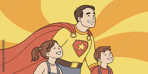 A joyful father superhero with his children a heartwarming family design perfect for Father's Day cards or branding