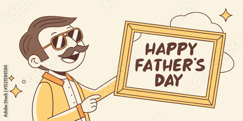 A stylish dad character proudly displays a Happy Father's Day sign perfect for greeting cards, social media posts, or website banners.