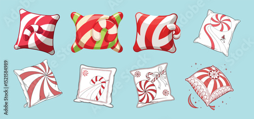 A collection of decorative pillows with candy cane and peppermint designs perfect for christmas and winter holiday themes