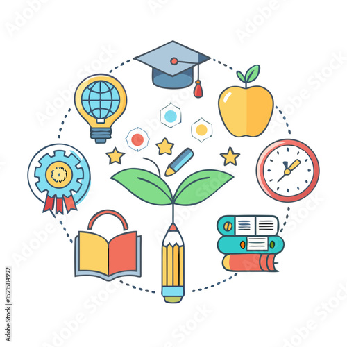 Colorful seamless vector pattern of school and education icons with a summer background