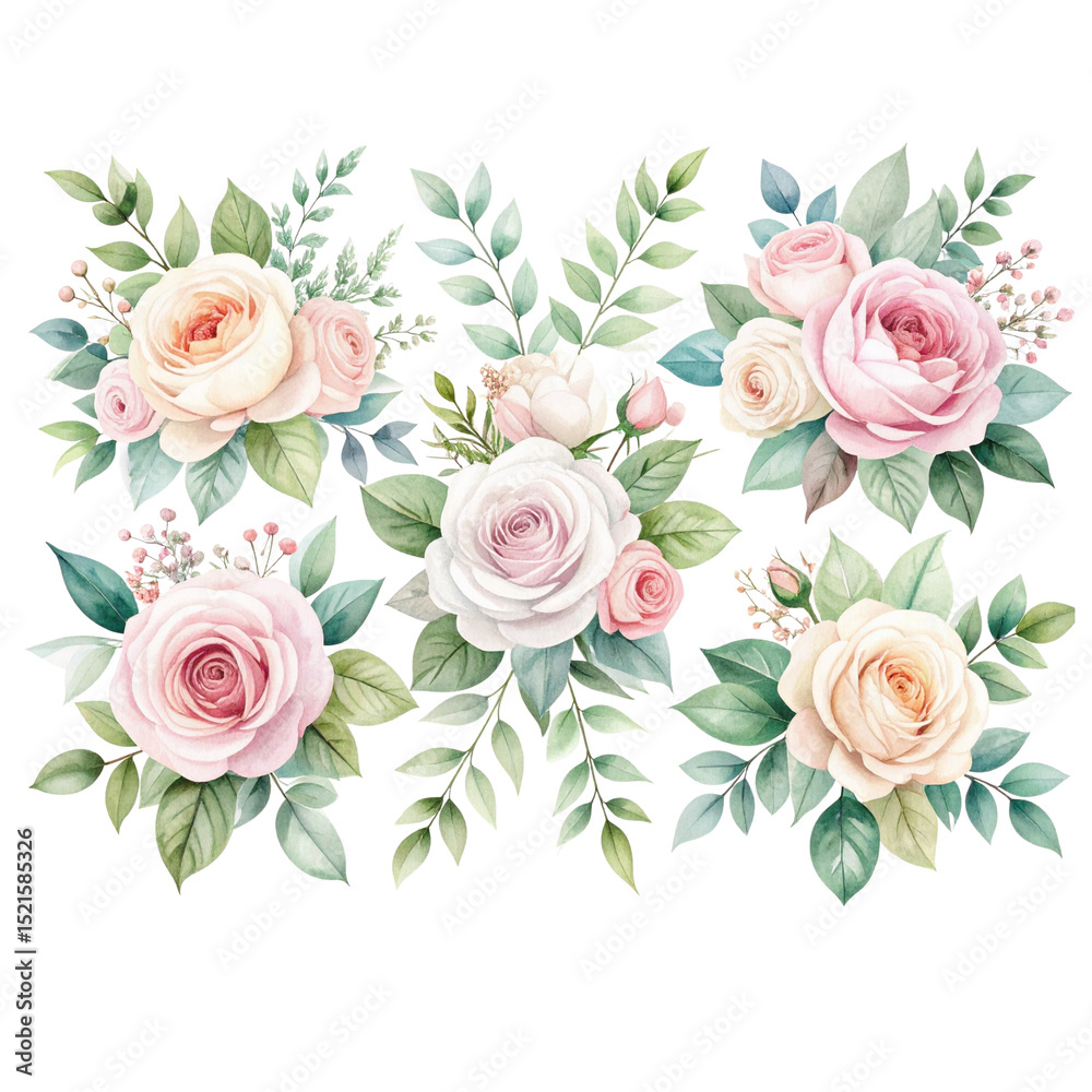 Fototapeta premium Watercolor Romantic Rose Bouquets with Foliage 