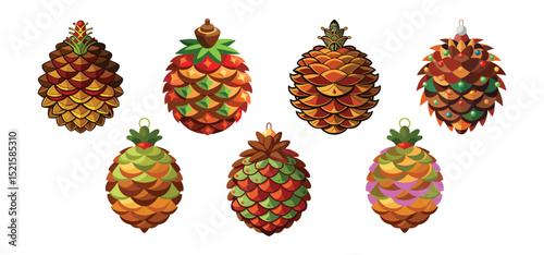 A collection of vibrant and stylized christmas pinecone decorations featuring a festive holiday themed design