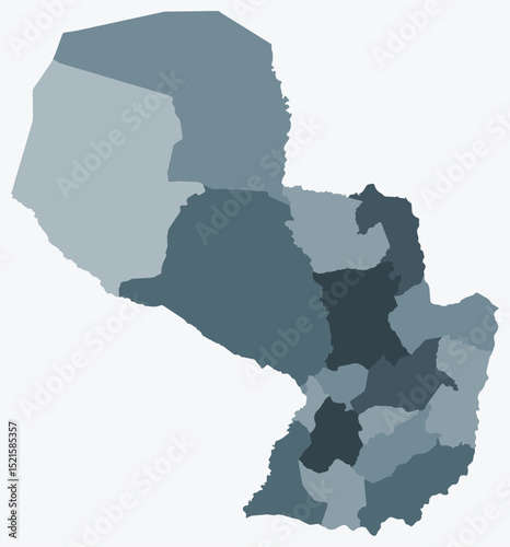 Map of Paraguay with regions. Just a simple country border map with region division. Blue grey color palette. Flat Paraguay shape with administrative division. Vector illustration.