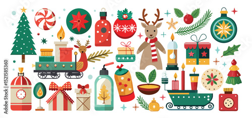 A delightful and festive vector illustration featuring an assortment of christmas holiday decorations in a charming flat design.