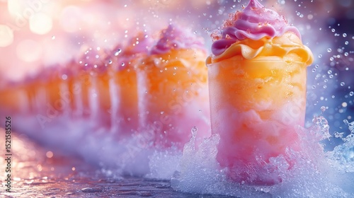A Spectrum of Sweets: A tantalizing array of colorful, layered desserts lined up, their vibrant hues and fluffy toppings promising a moment of pure indulgence. The image evokes sweetness and delight.