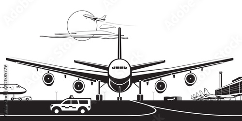 Airport support car leading aircraft to runway at airport – vector illustration