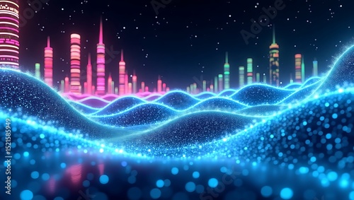 Neon Cyber Landscape with Glowing Waves and Futuristic City Skyline