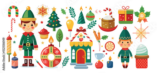 Adorable festive christmas elf characters and holiday decorations illustrated with vibrant and colorful vector elements.