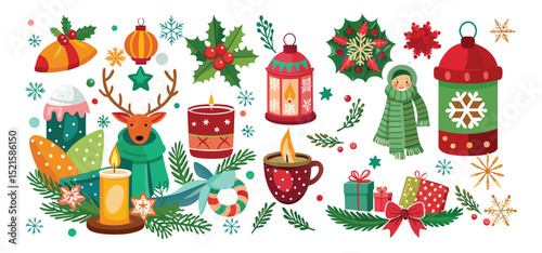 Adorable christmas and winter holiday decorations displaying candles gift boxes lanterns and festive decorative elements in vector style