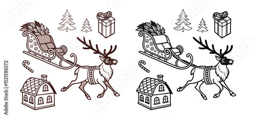 Artistic illustration showcasing a christmas reindeer pulling a sleigh with presents and decorative holiday elements in a festive composition.