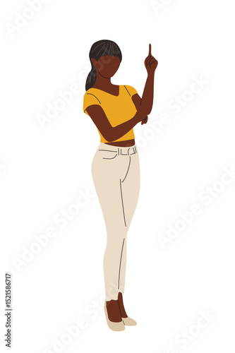 Stylish black woman in casual outfit pointing up. Vector illustration of confident female character in yellow top and beige pants. Isolated on transparent  background for design and presentations.