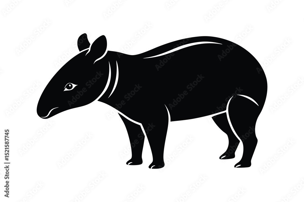 Fototapeta premium Black and white silhouette illustration of a standing tapir animal isolated on white background
