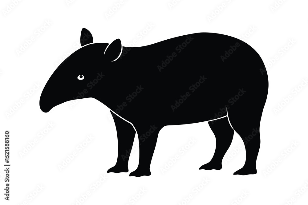 Fototapeta premium Black and white silhouette illustration of a standing tapir animal isolated on white background