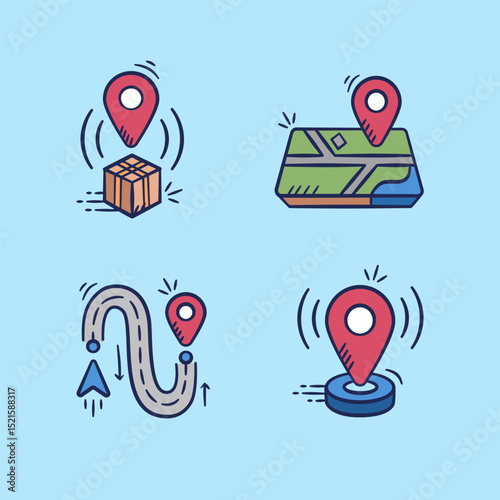 Pin location hand drawn illustration. Navigation pointer, live location, and street view map doodle icon in outline flat style vector.