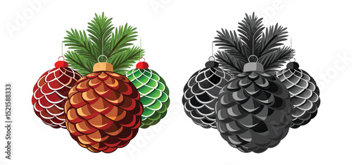 Christmas pine cone ornaments in color and grayscale vector illustration ready for festive holiday celebrations