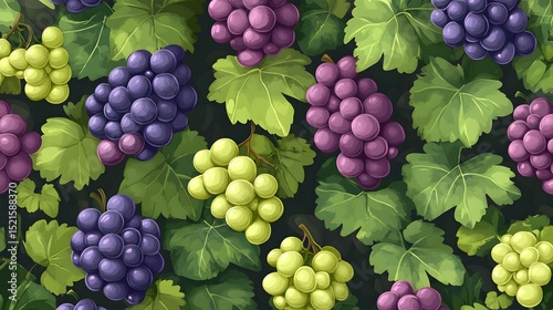 Fresh grape bunches and vibrant green leaves seamless pattern illustration