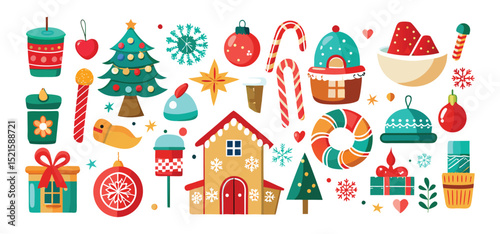 Colorful and festive assortment of hand drawn christmas themed elements ideal for holiday season design and illustration