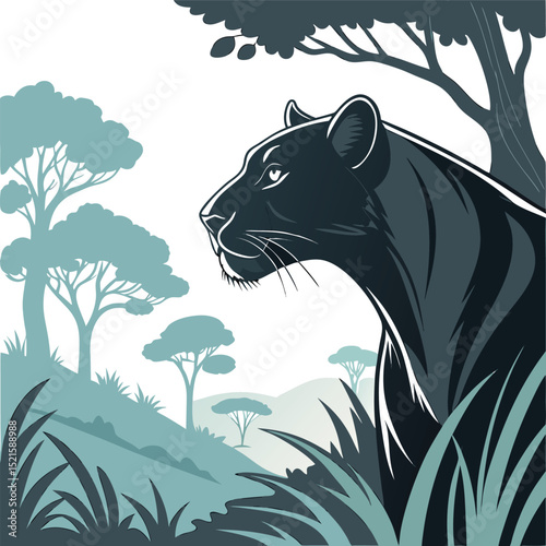 Creative Photo Manipulation of Alert Black Panther with Ethereal Forest Backdrop  Moody Surreal Wildlife Art in Gray Blue Tones
