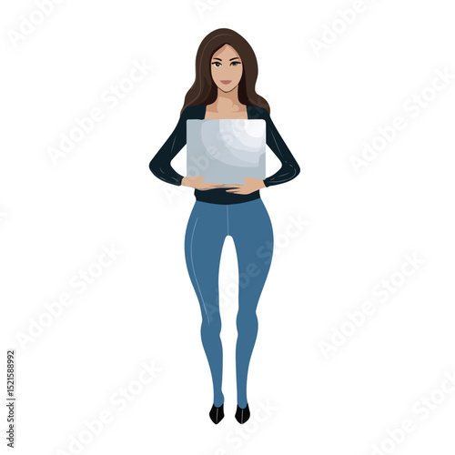 Professional Woman Avatar Holding Web Browser and Car - Business Technology Concept