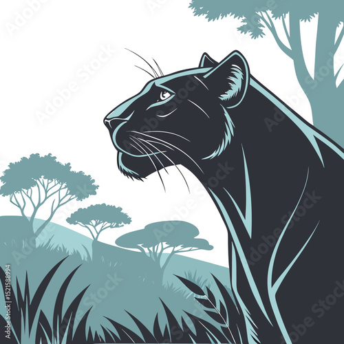 Majestic Black Panther in Profile with Mystical Forest Overlay  Surreal Wildlife and Nature Double Exposure in Cool Tones