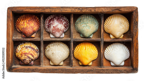 Sunlight highlights variety of colorful seashells neatly arranged in individual compartments of an old wooden box, set against a transparent background, creating visually appealing composition photo