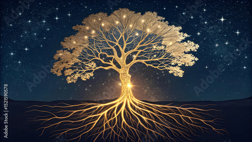 Glowing tree of life with golden roots extending into stars, symbolizing spiritual ancestry and chosen destiny, spirituality concept